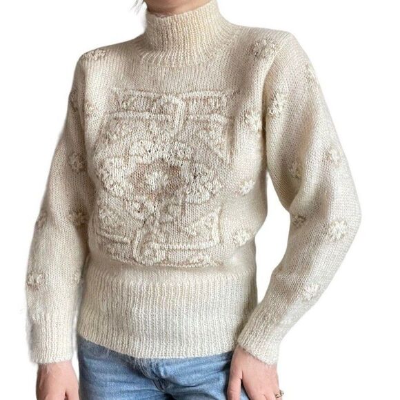 Vintage 80s Ellen Tracy Hand Knit White Mohair Blend Fluffy Turtleneck Sweater - Picture 3 of 10